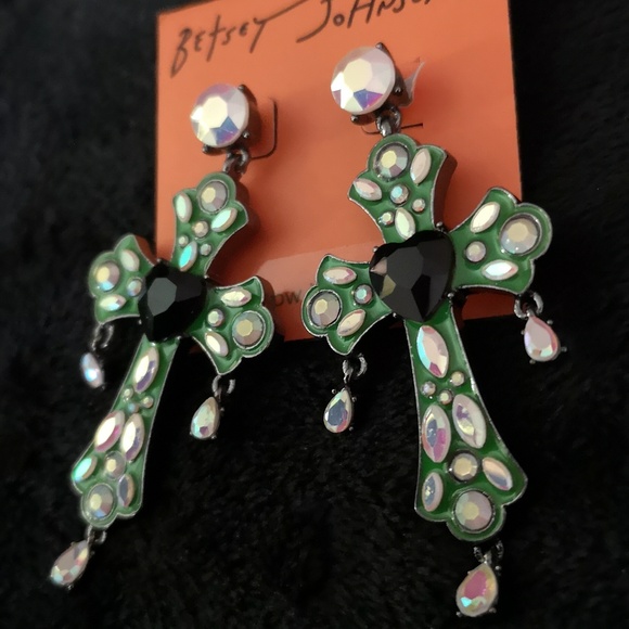 Brand New Betsy Johnson Cross Earrings w/ Iridescent "Stones" & Gem Heart Glows - Picture 3 of 8